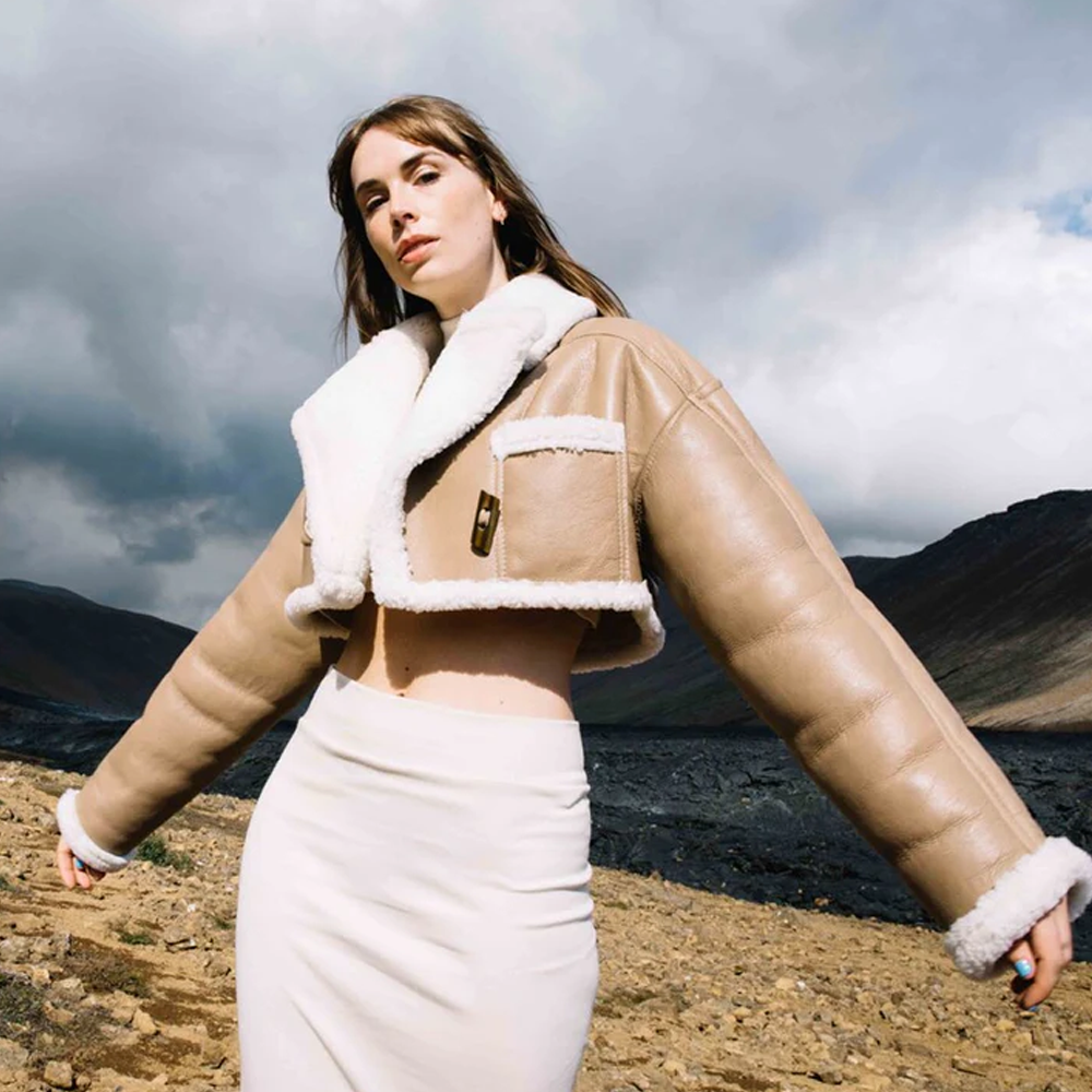 New Brown Women Sheepskin Shearling B3 Flight Bomber Faux Fur Leather Aviator Jacket
