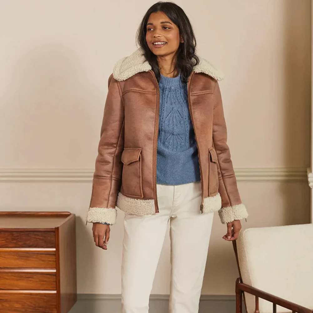 Women Best Brown Lambskin Shearling Aviator Leather Bomber Jacket