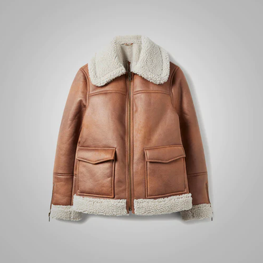 Women Best Brown Lambskin Shearling Aviator Leather Bomber Jacket