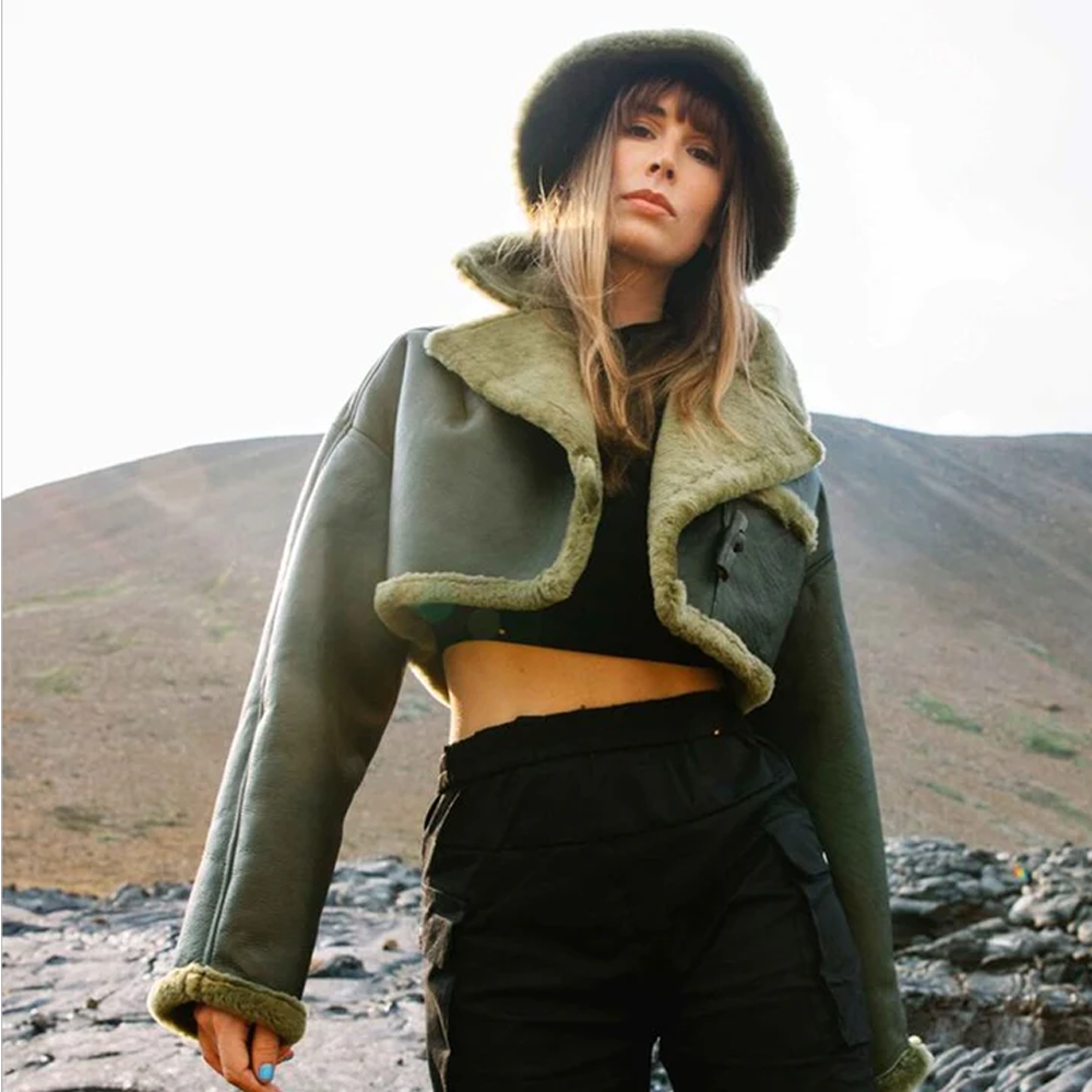 Women Green Sheepskin Aviator Flight Real Bomber Faux Fur Shearling Leather Jacket