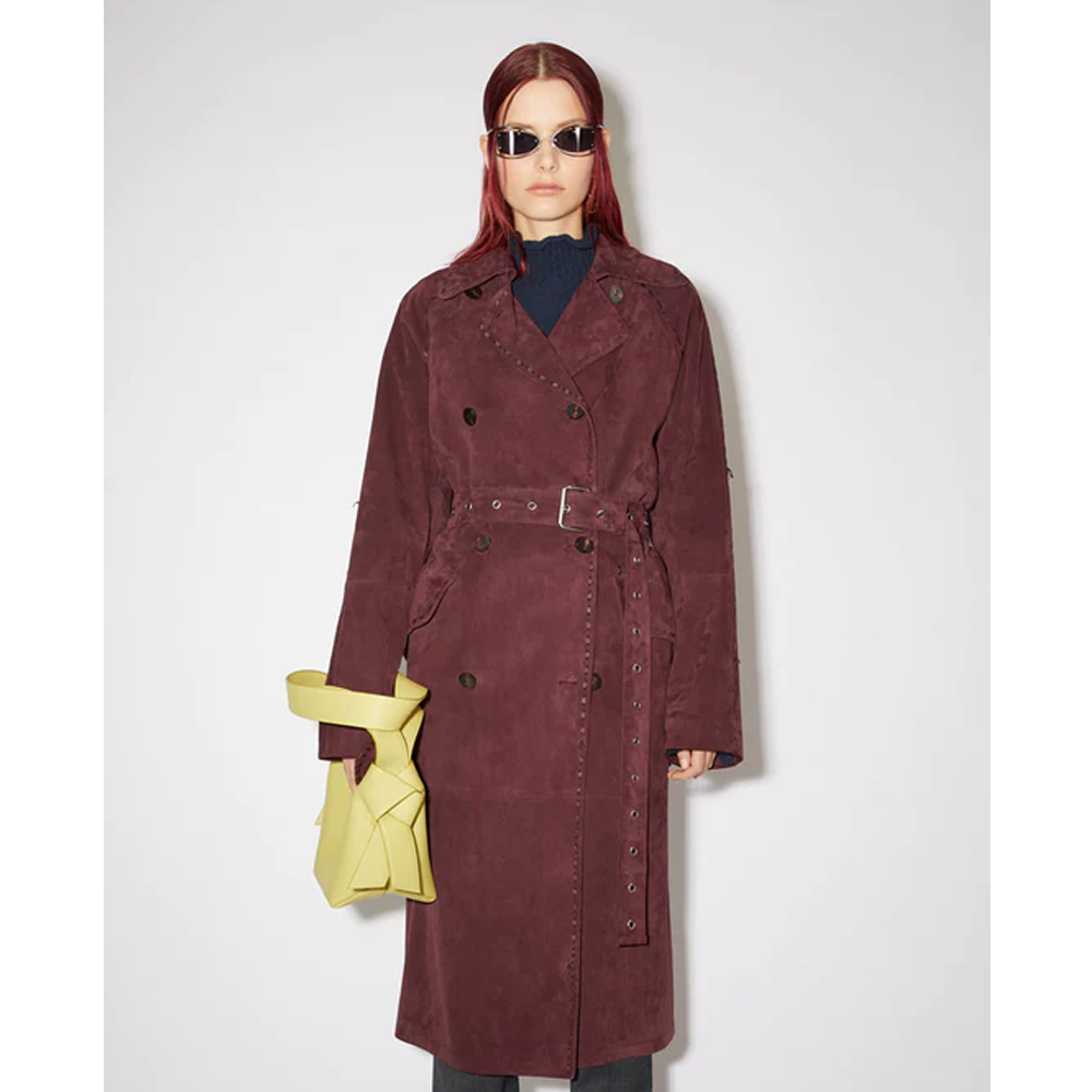 New 2024 Women Long Maroon Suede Leather Duster Trench Coat