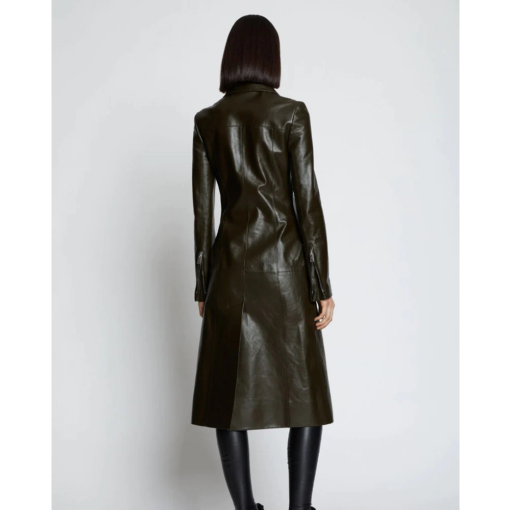 New Women Dark Green Slim Fit Leather Long Trench Coat