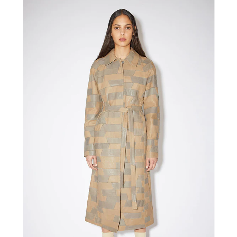 New Women's Brown Leather Belted Trench Coat