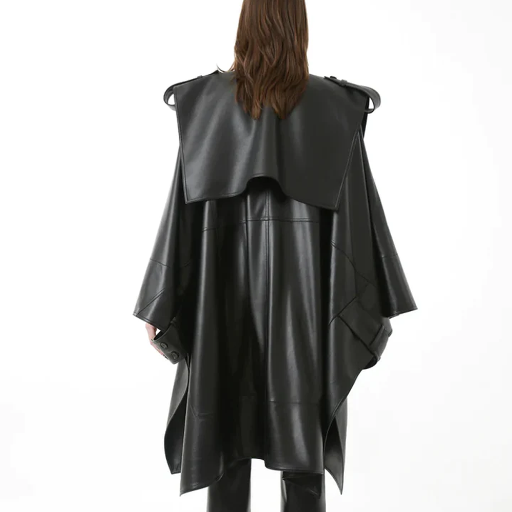 Original Sheepskin Leather Women Oversized Cape Trench Leather Coat