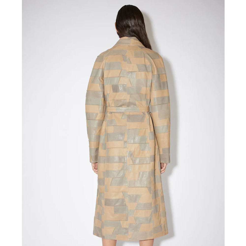 New Women's Brown Leather Belted Trench Coat