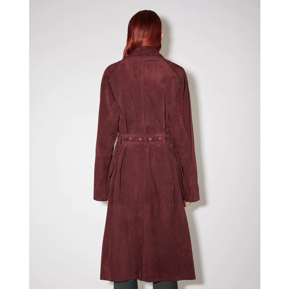 New 2024 Women Long  Maroon Suede Leather Duster Trench Coat
