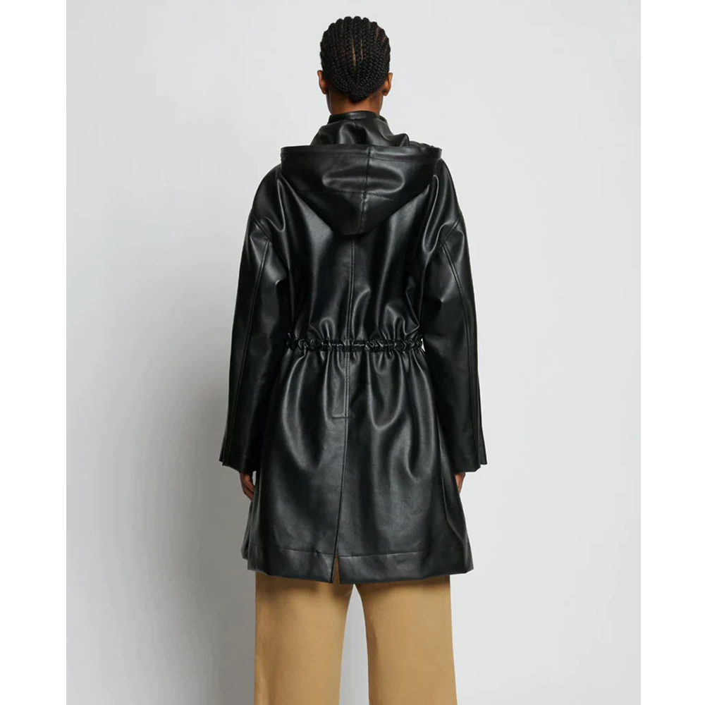 New Black Hooded Sheepskin Leather Trench Duster Coat