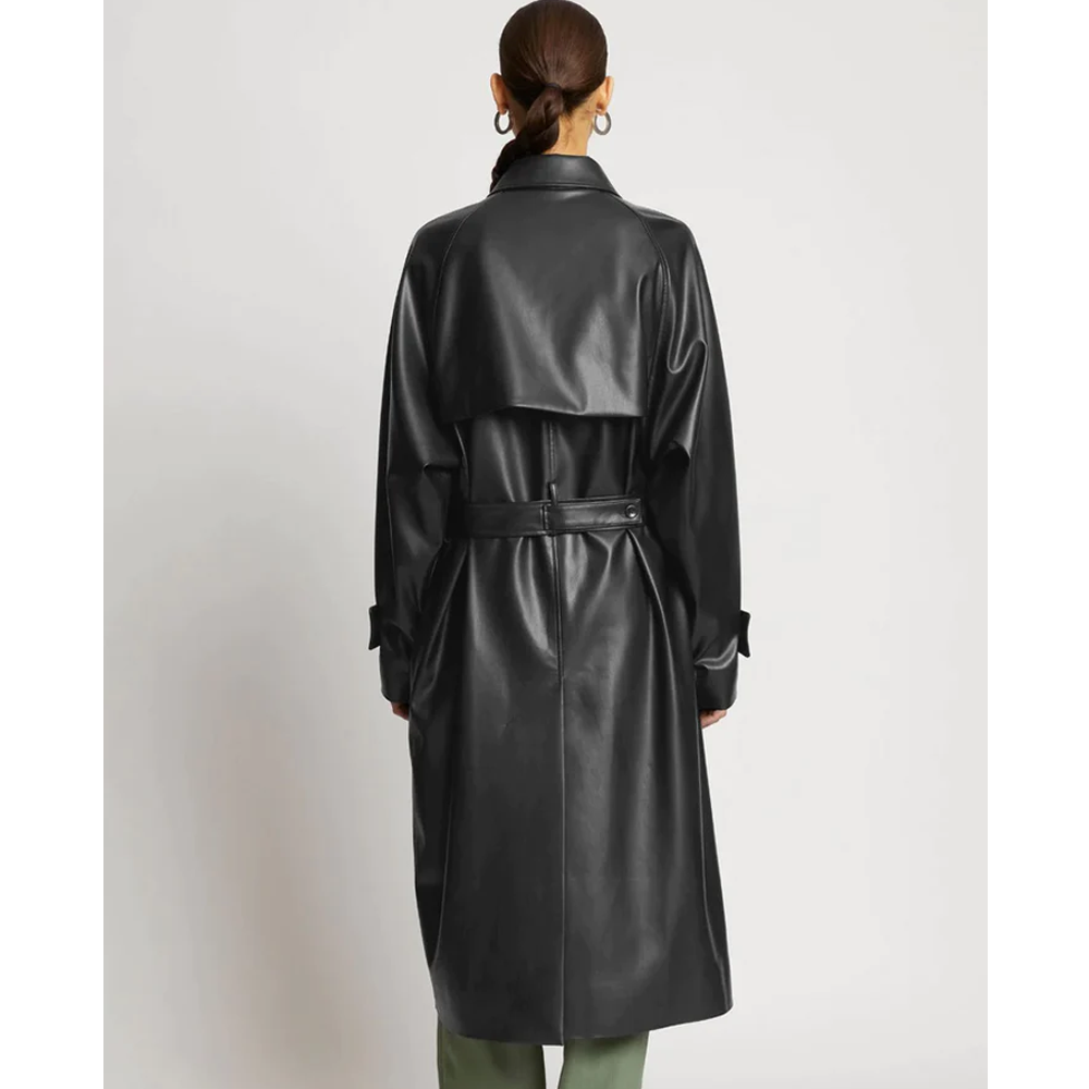 New Sheepskin Leather Black Plain Trench Coat For Women