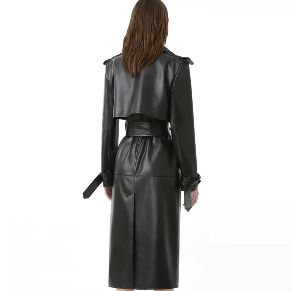 New Black Sheepskin Fitted Leather Trench Coat For Women