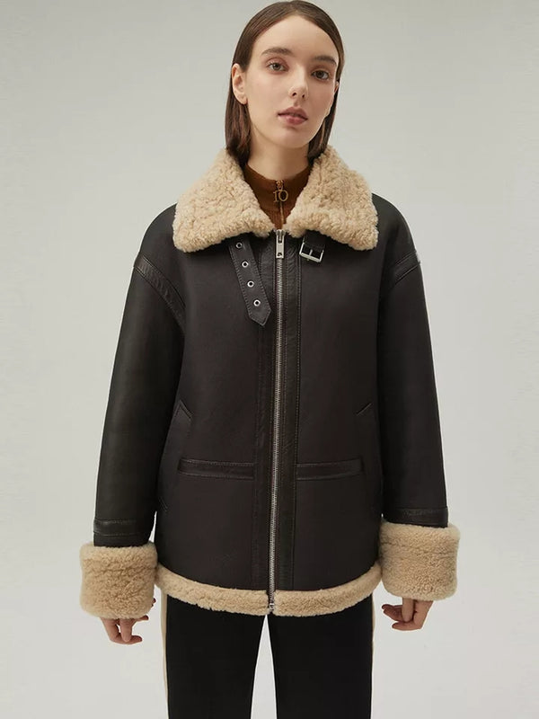 Women’s Matte Black Shearling Leather Bomber Jacket Collar Fur Coat