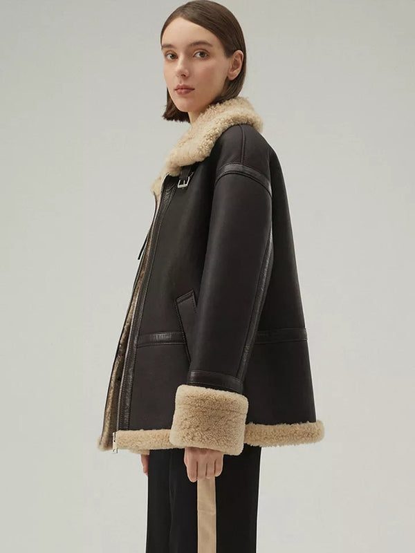 Women’s Matte Black Shearling Leather Bomber Jacket Collar Fur Coat