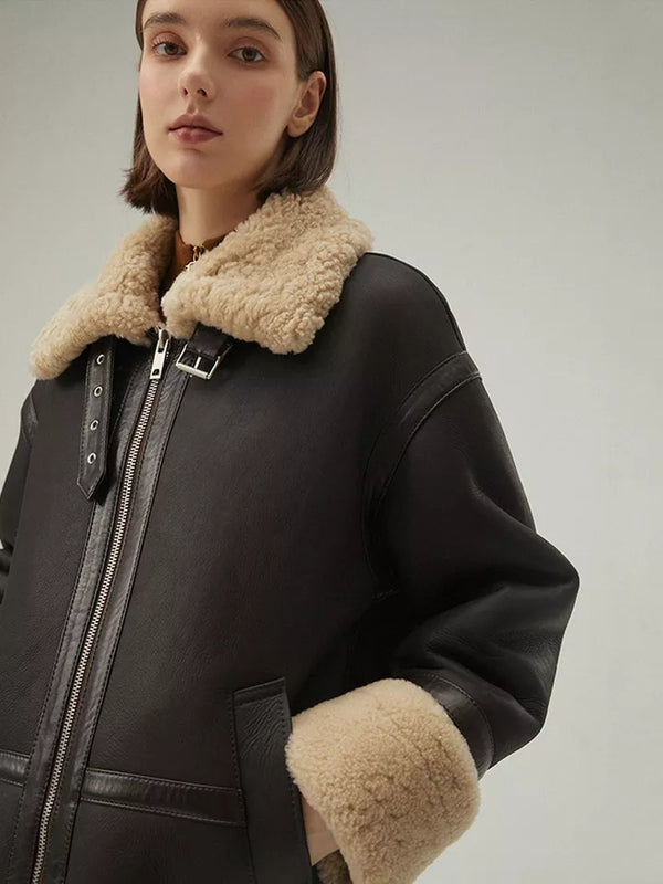 Women’s Matte Black Shearling Leather Bomber Jacket Collar Fur Coat