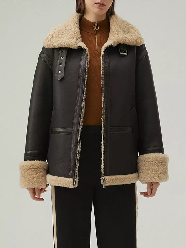Women’s Matte Black Shearling Leather Bomber Jacket Collar Fur Coat