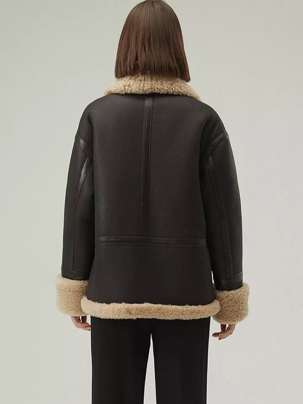 Women’s Matte Black Shearling Leather Bomber Jacket Collar Fur Coat
