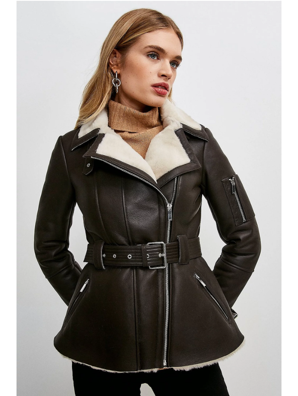 New Women’s Dark Brown Shearling Leather Jacket Coat