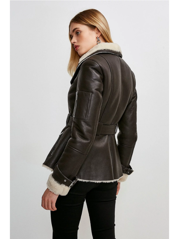 New Women’s Dark Brown Shearling Leather Jacket Coat