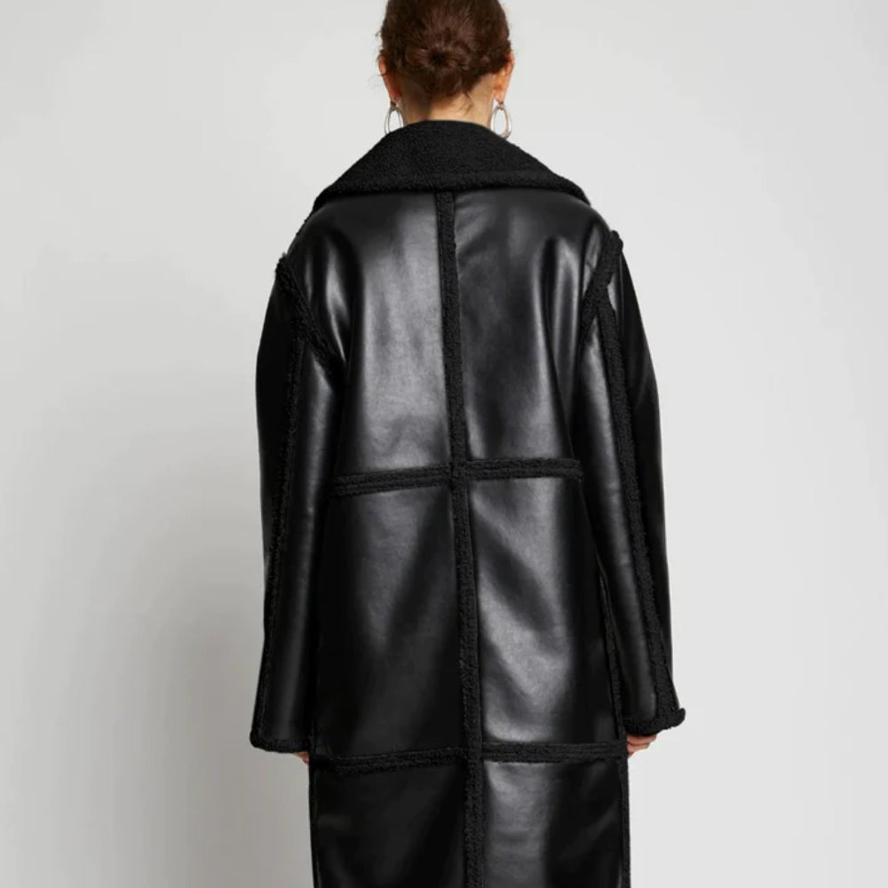 Women's Black Duster Sherpa Leather Trench Shearling Coat