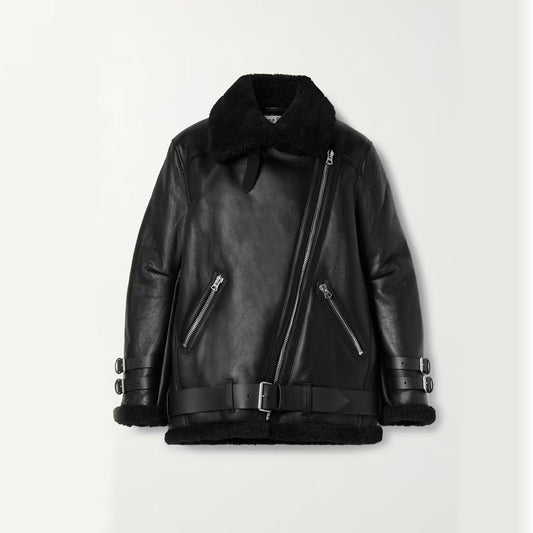 New Women RAF Trimmed Lambskin Shearling Black Leather Biker Jacket