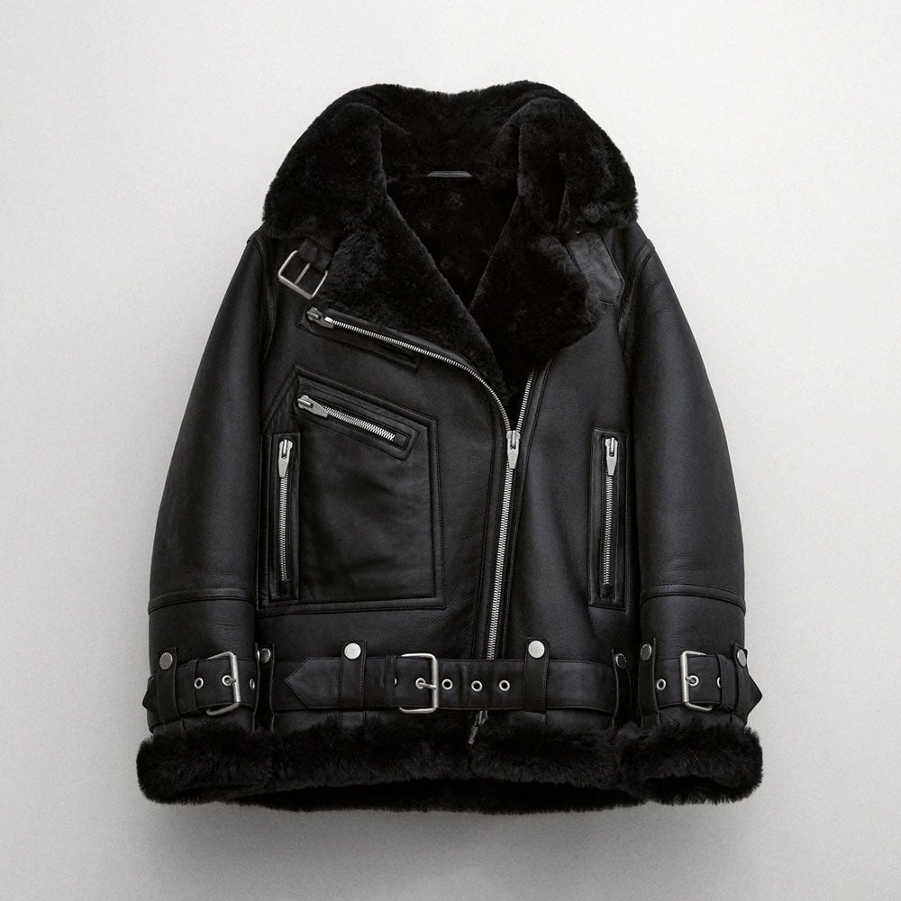 New Women RAF B3 Sheepskin Shearling Aviator Styled Leather Black Jacket