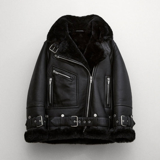 New Women RAF B3 Sheepskin Shearling  Aviator Styled Leather Black Jacket