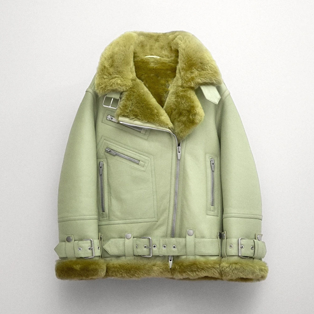 Women Light Green Sheepskin Aviator Shearling Fashion B3 Bomber Leather Jacket With Green Fur