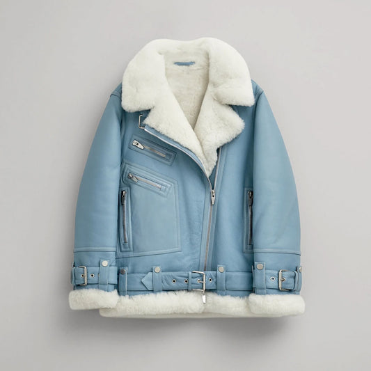 Women Light Blue Aviator B3 RAF Styled Lambskin Shearling Leather Jacket