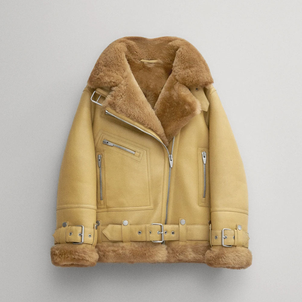New Light Brown Sheepskin Shearling RAF Aviator Styled B3 Bomber Leather Jacket For Women