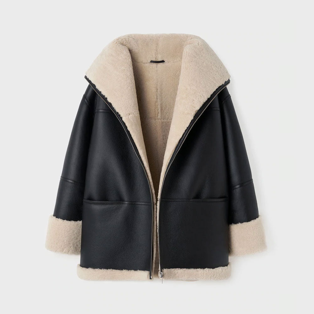 New Black Styled Fashion Sheepskin Shearling Leather Jacket With White Fur For Women