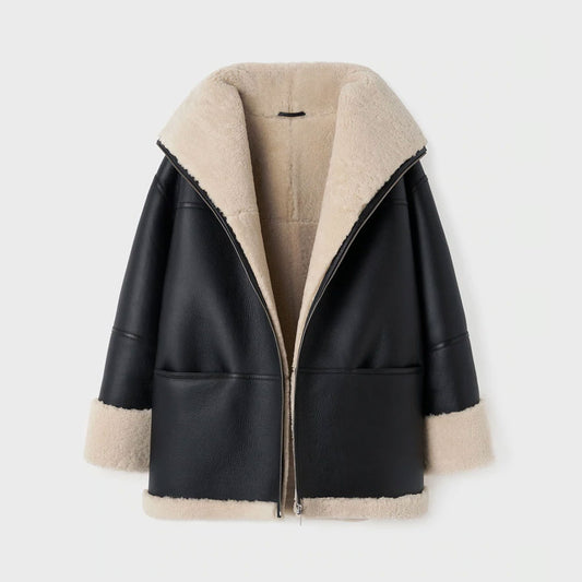 New Black Styled Fashion Sheepskin Shearling Leather Jacket With White Fur For Women