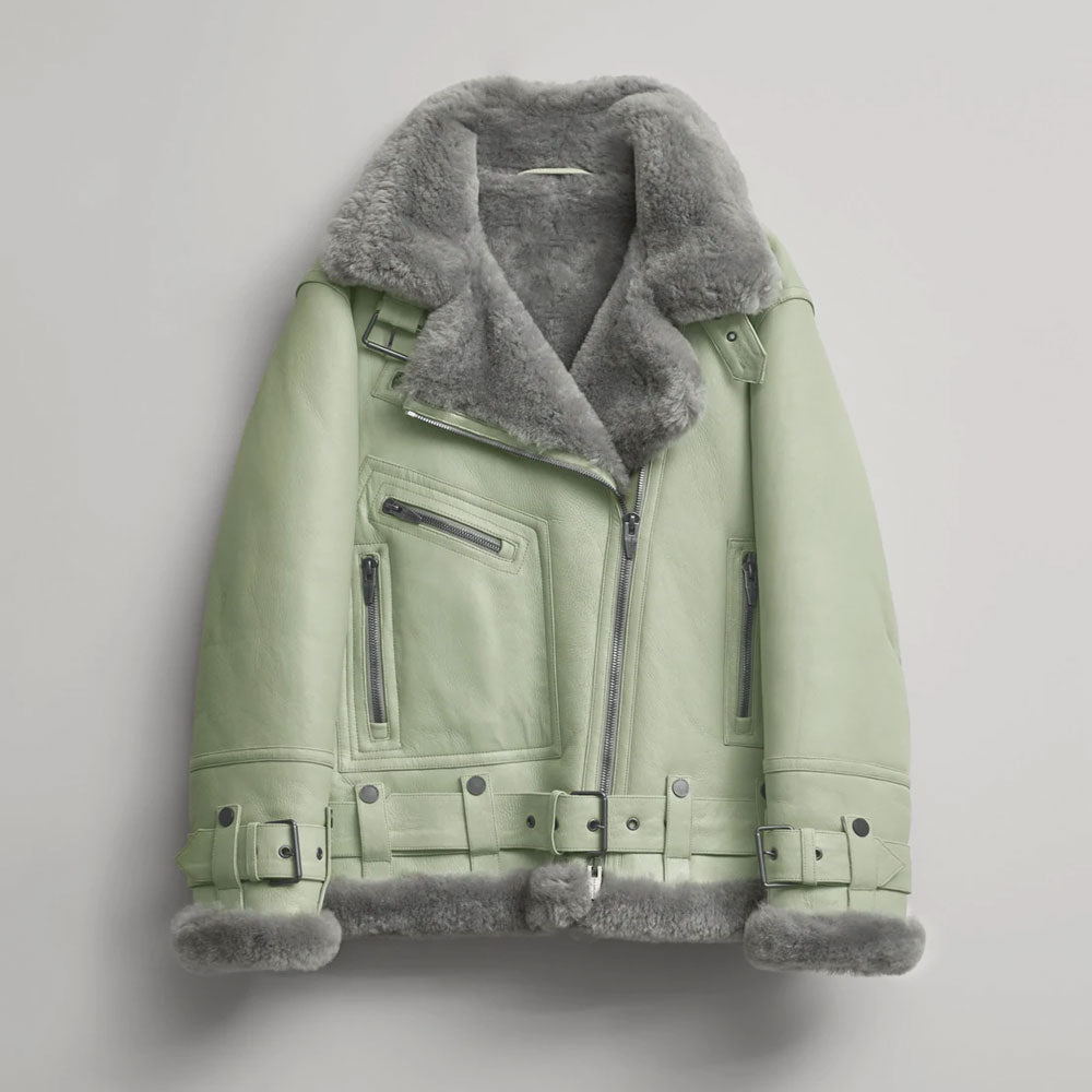 New Light Green Women Sheepskin Shearling Aviator Fashion Leather Jacket