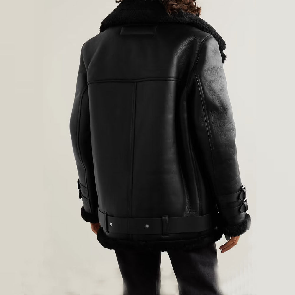 New Women RAF Trimmed Lambskin Shearling Black Leather Biker Jacket