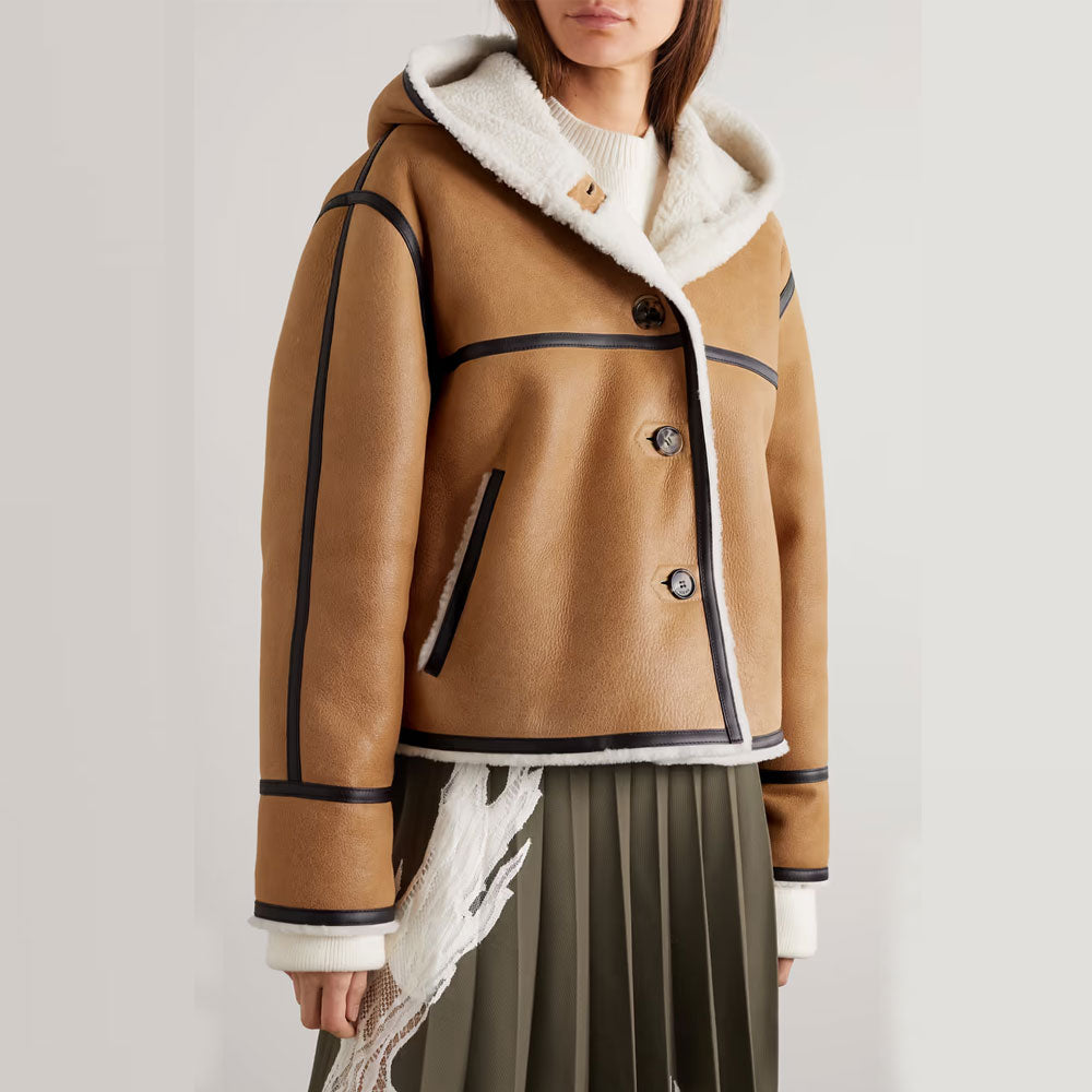 New Brown Women Lambskin Shearling RAF Hooded Leather Trimmed B3 Bomber Leather Jacket
