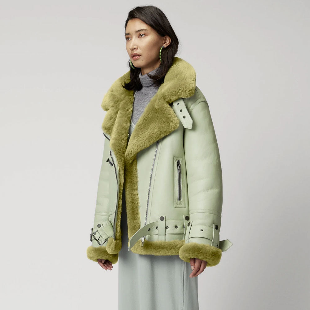 Women Light Green Sheepskin Aviator Shearling Fashion B3 Bomber Leather Jacket With Green Fur