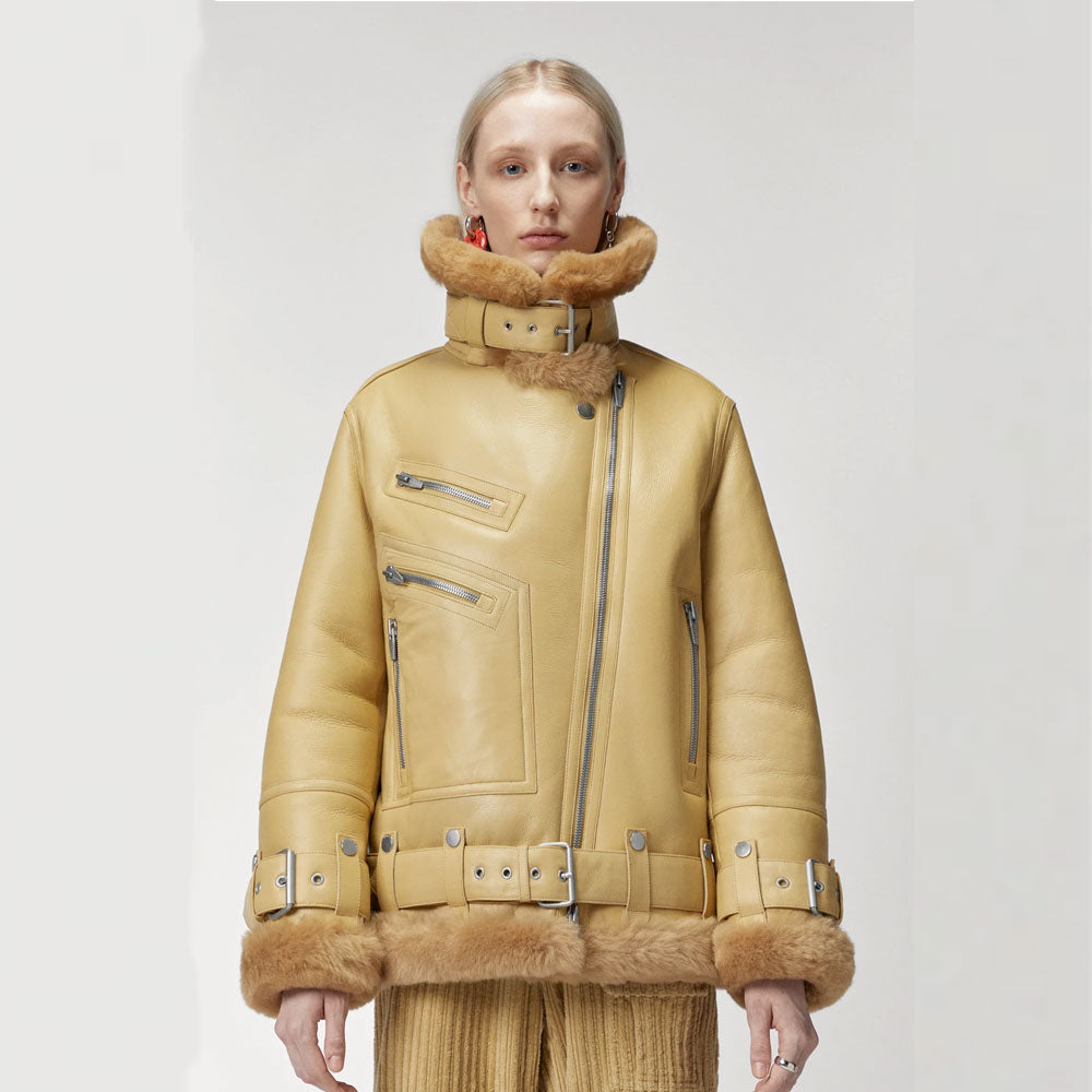 New Light Brown Sheepskin Shearling RAF Aviator Styled B3 Bomber Leather Jacket For Women