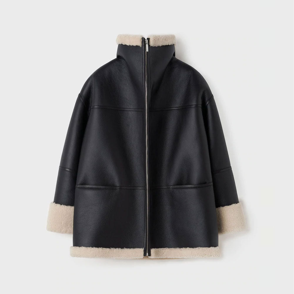 New Black Styled Fashion Sheepskin Shearling Leather Jacket With White Fur For Women