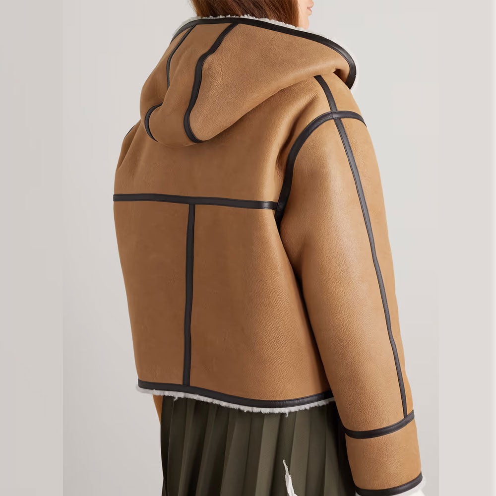 New Brown Women Lambskin Shearling RAF Hooded Leather Trimmed B3 Bomber Leather Jacket