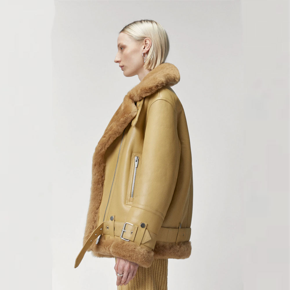 New Light Brown Sheepskin Shearling RAF Aviator Styled B3 Bomber Leather Jacket For Women