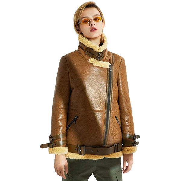 New Women Sheepskin Shearling Leather Bomber Jacket