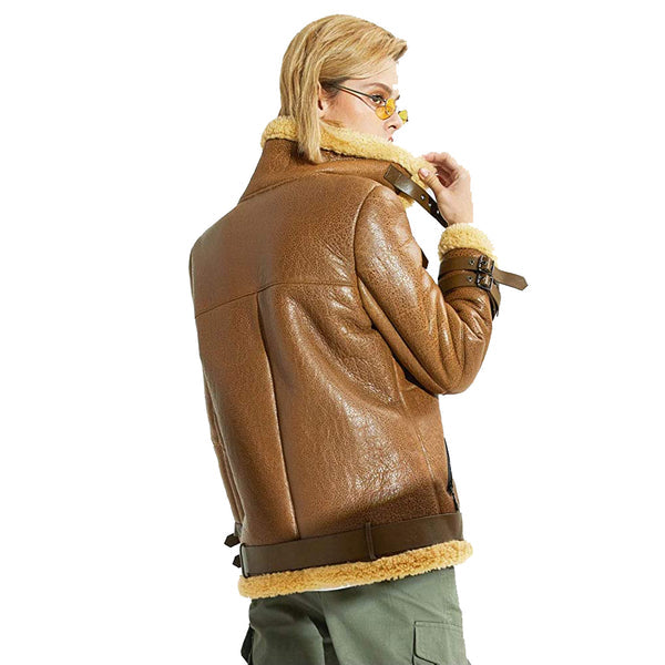 New Women Sheepskin Shearling Leather Bomber Jacket