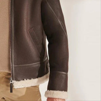 New Men's Sheepskin Brown Pilot Shearling Aviator Leather Bomber Jacket