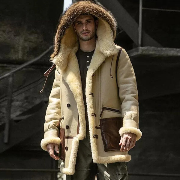 New Men's Lvory Yellow Sheepskin Shearling Leather Coat - Hooded Shearling Coat