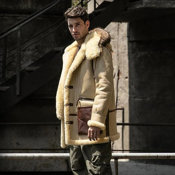 New Men's Ivory Yellow Sheepskin Shearling Leather Coat - Hooded Shearling Coat