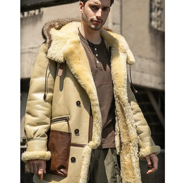 New Men's Lvory Yellow Sheepskin Shearling Leather Coat - Hooded Shearling Coat
