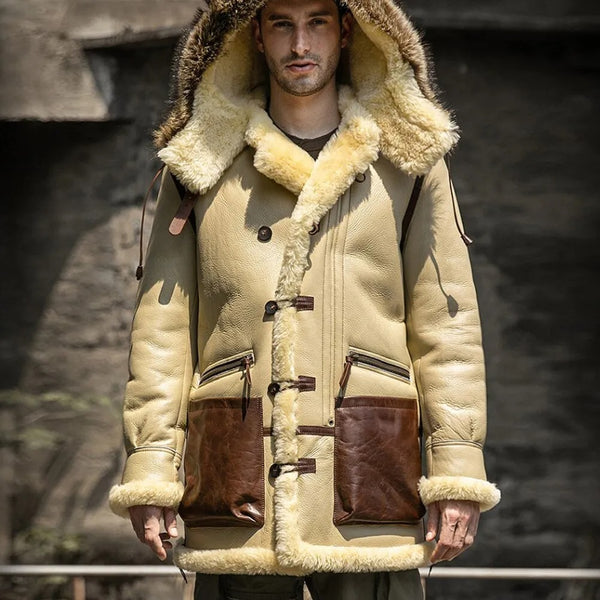New Men's Lvory Yellow Sheepskin Shearling Leather Coat - Hooded Shearling Coat