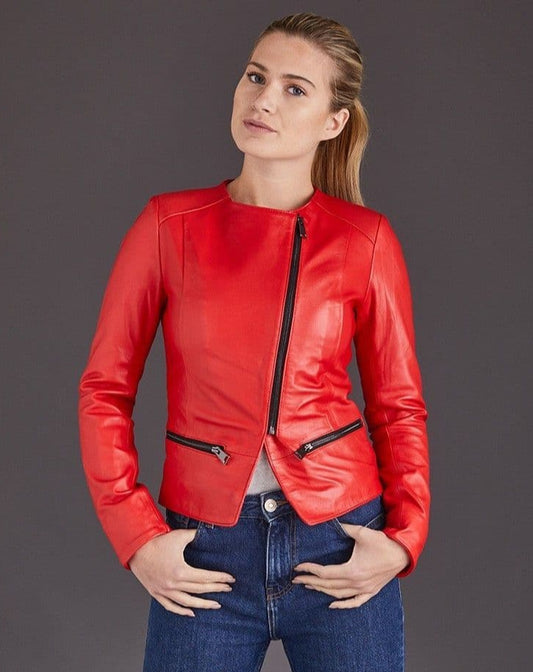 New Women Sheepskin Red RAF B3 Motorcycle Leather Biker Jacket For Women
