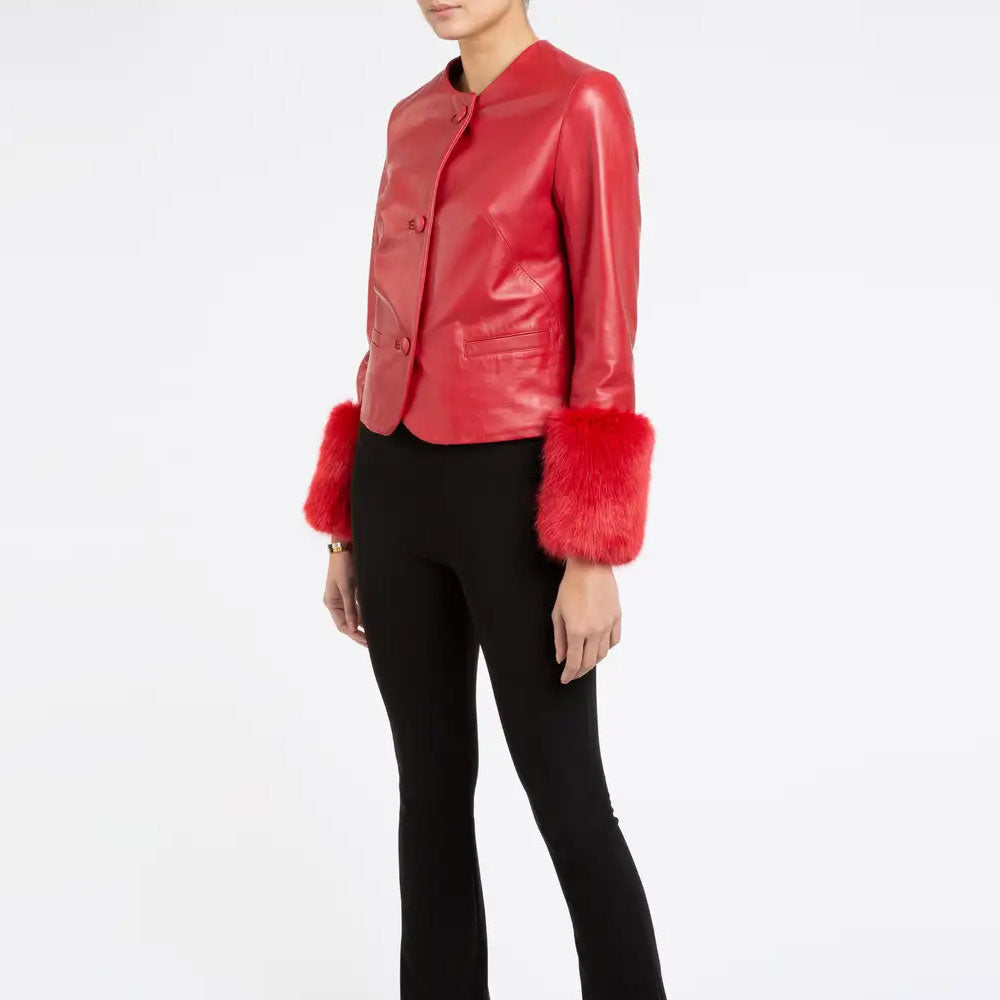 New Women's Red Sheepskin Leather biker jacket with Faux Fur