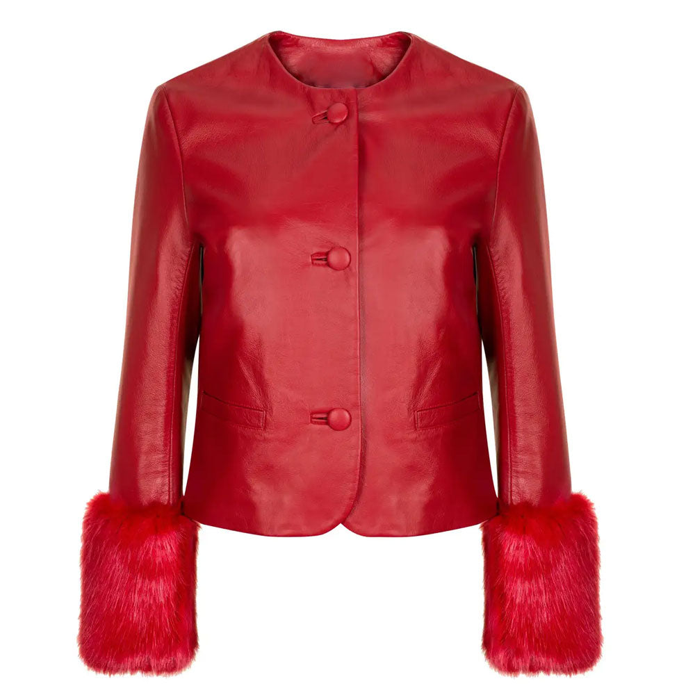 New Women's Red Sheepskin Leather biker jacket with Faux Fur