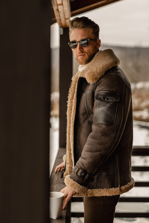 New Men's Genuine Sheepskin Shearling B3 Bomber Jacket – Real Leather Vintage Aviator Winter Coat for Extreme Cold Weather