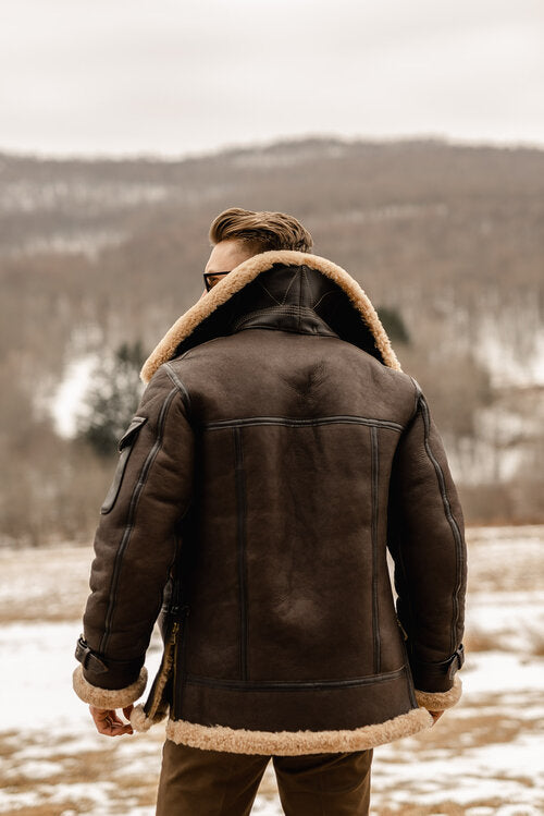 New Men's Genuine Sheepskin Shearling B3 Bomber Jacket – Real Leather Vintage Aviator Winter Coat for Extreme Cold Weather