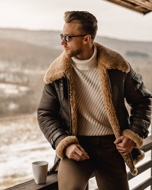New Men's Genuine Sheepskin Shearling B3 Bomber Jacket – Real Leather Vintage Aviator Winter Coat for Extreme Cold Weather